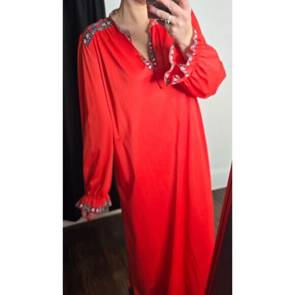 Vintage 70s Red Flowy Kaftan Maxi Dress Bohemian - Picture 1 of 16